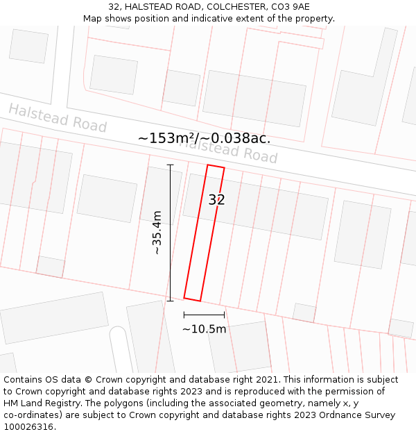 32, HALSTEAD ROAD, COLCHESTER, CO3 9AE: Plot and title map