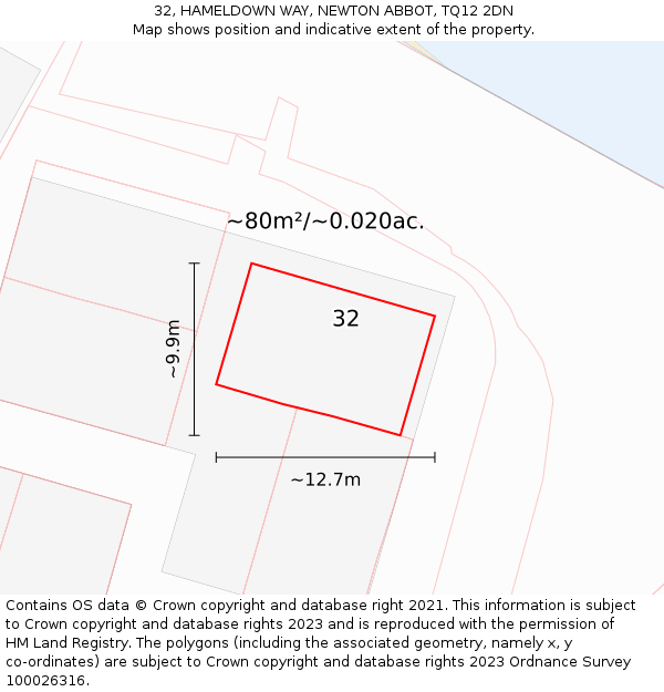 32, HAMELDOWN WAY, NEWTON ABBOT, TQ12 2DN: Plot and title map