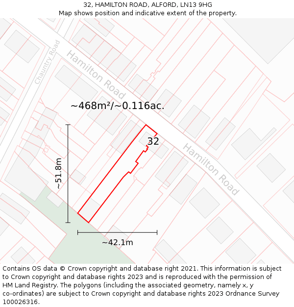 32, HAMILTON ROAD, ALFORD, LN13 9HG: Plot and title map