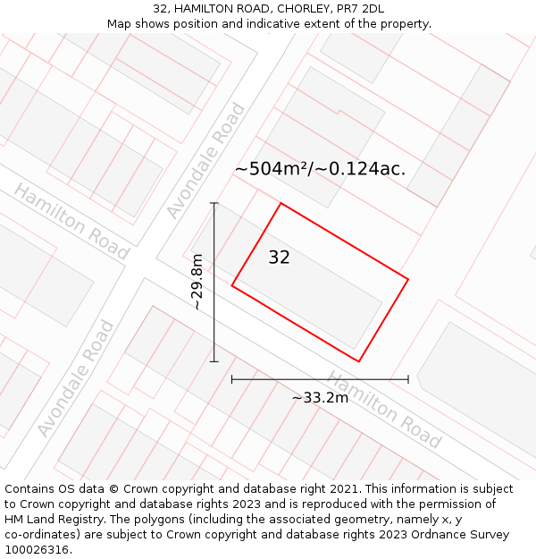 32, HAMILTON ROAD, CHORLEY, PR7 2DL: Plot and title map