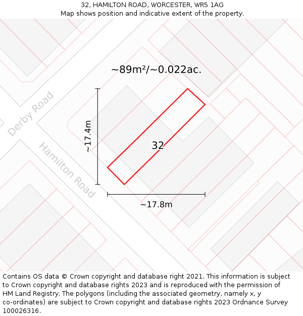 32, HAMILTON ROAD, WORCESTER, WR5 1AG: Plot and title map