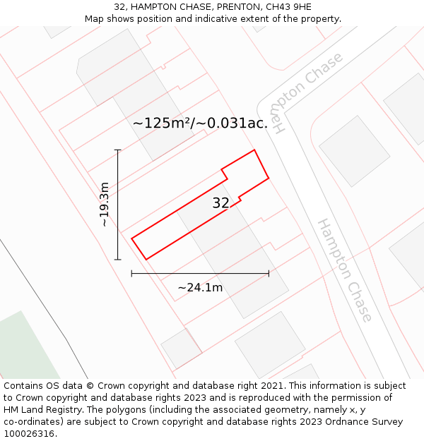 32, HAMPTON CHASE, PRENTON, CH43 9HE: Plot and title map