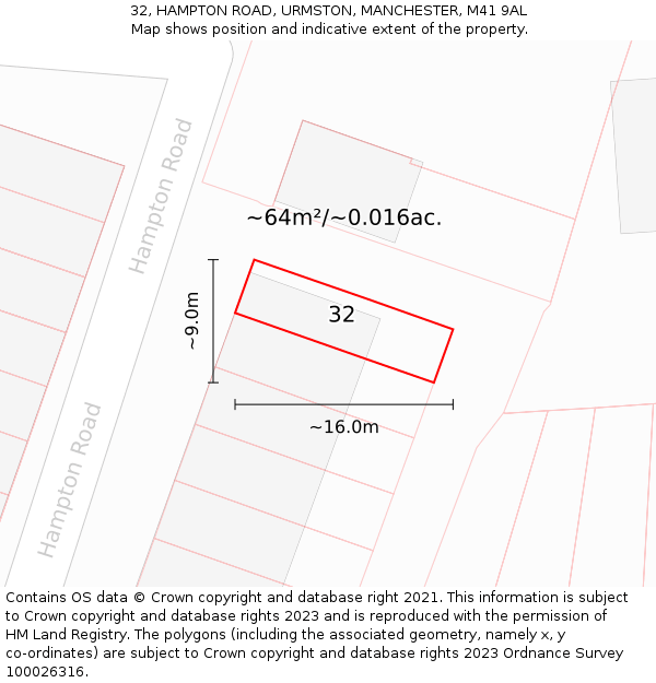 32, HAMPTON ROAD, URMSTON, MANCHESTER, M41 9AL: Plot and title map