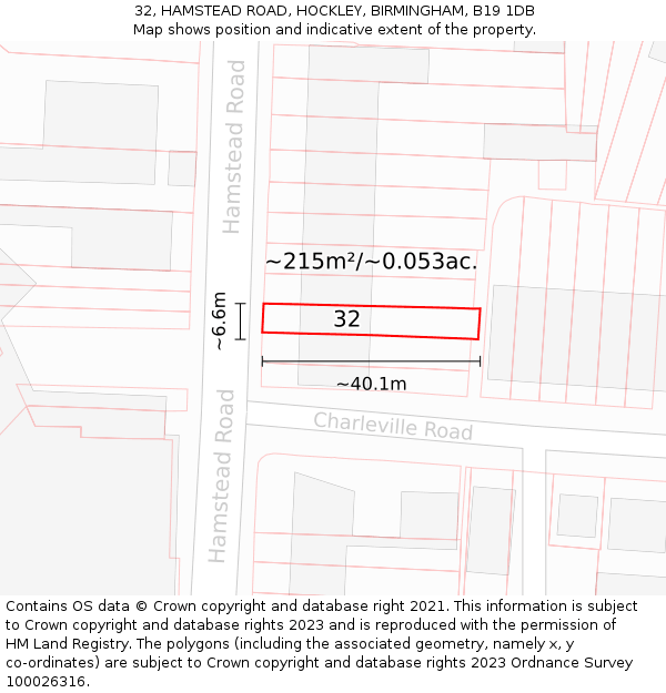 32, HAMSTEAD ROAD, HOCKLEY, BIRMINGHAM, B19 1DB: Plot and title map