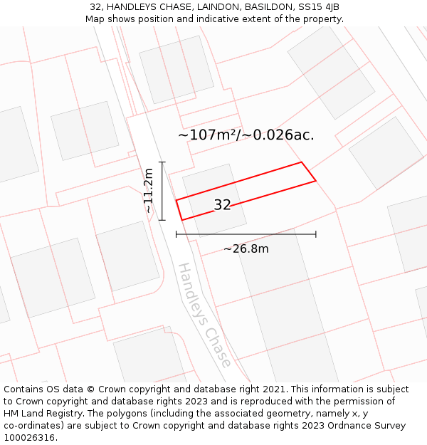 32, HANDLEYS CHASE, LAINDON, BASILDON, SS15 4JB: Plot and title map
