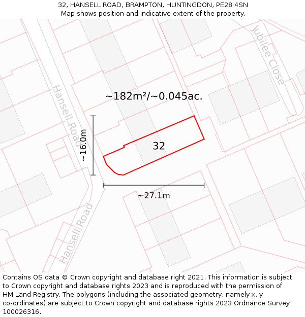 32, HANSELL ROAD, BRAMPTON, HUNTINGDON, PE28 4SN: Plot and title map