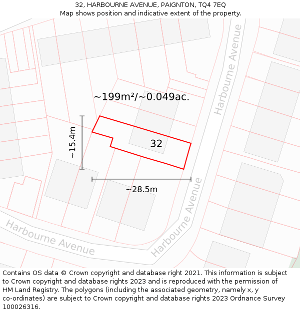 32, HARBOURNE AVENUE, PAIGNTON, TQ4 7EQ: Plot and title map