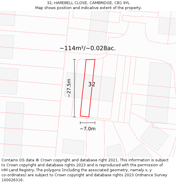 32, HAREBELL CLOSE, CAMBRIDGE, CB1 9YL: Plot and title map