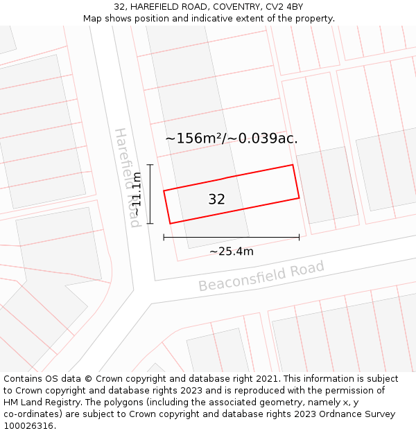 32, HAREFIELD ROAD, COVENTRY, CV2 4BY: Plot and title map
