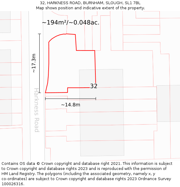 32, HARKNESS ROAD, BURNHAM, SLOUGH, SL1 7BL: Plot and title map