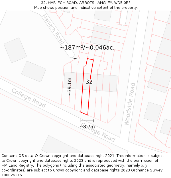 32, HARLECH ROAD, ABBOTS LANGLEY, WD5 0BF: Plot and title map
