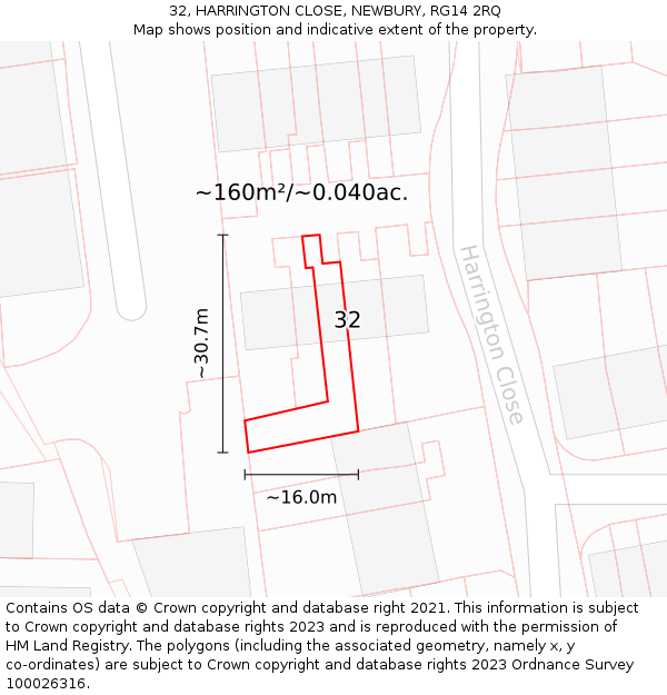 32, HARRINGTON CLOSE, NEWBURY, RG14 2RQ: Plot and title map