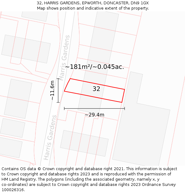 32, HARRIS GARDENS, EPWORTH, DONCASTER, DN9 1GX: Plot and title map