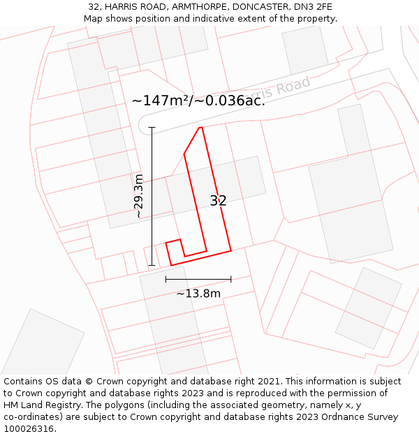 32, HARRIS ROAD, ARMTHORPE, DONCASTER, DN3 2FE: Plot and title map
