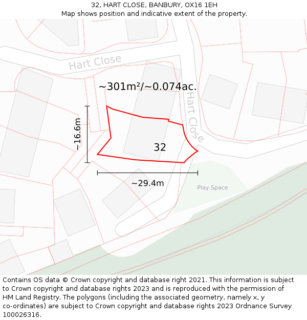 32, HART CLOSE, BANBURY, OX16 1EH: Plot and title map