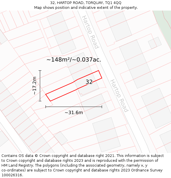 32, HARTOP ROAD, TORQUAY, TQ1 4QQ: Plot and title map