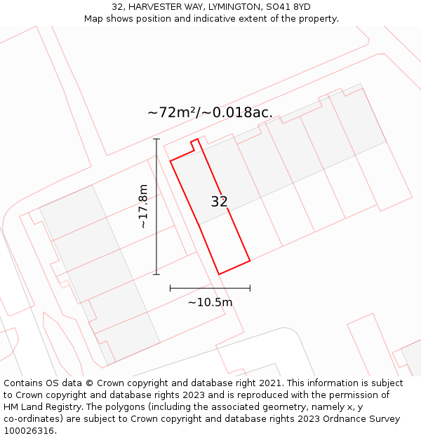 32, HARVESTER WAY, LYMINGTON, SO41 8YD: Plot and title map