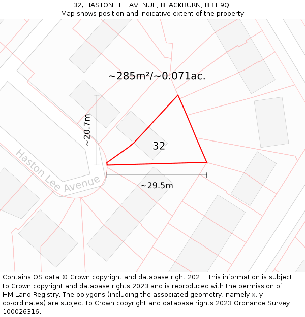 32, HASTON LEE AVENUE, BLACKBURN, BB1 9QT: Plot and title map