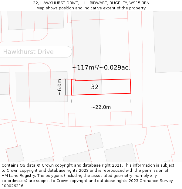 32, HAWKHURST DRIVE, HILL RIDWARE, RUGELEY, WS15 3RN: Plot and title map