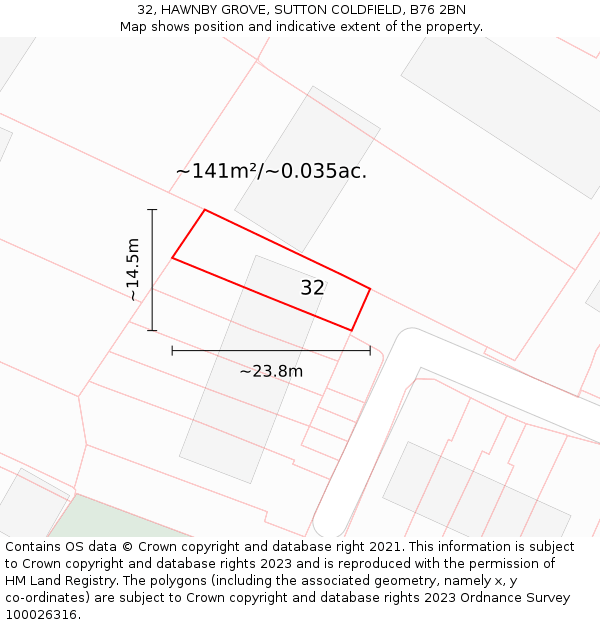 32, HAWNBY GROVE, SUTTON COLDFIELD, B76 2BN: Plot and title map