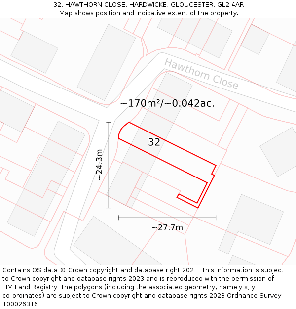 32, HAWTHORN CLOSE, HARDWICKE, GLOUCESTER, GL2 4AR: Plot and title map