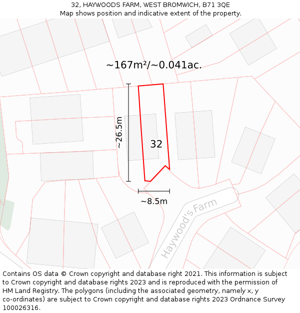 32, HAYWOODS FARM, WEST BROMWICH, B71 3QE: Plot and title map
