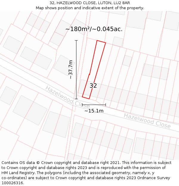 32, HAZELWOOD CLOSE, LUTON, LU2 8AR: Plot and title map