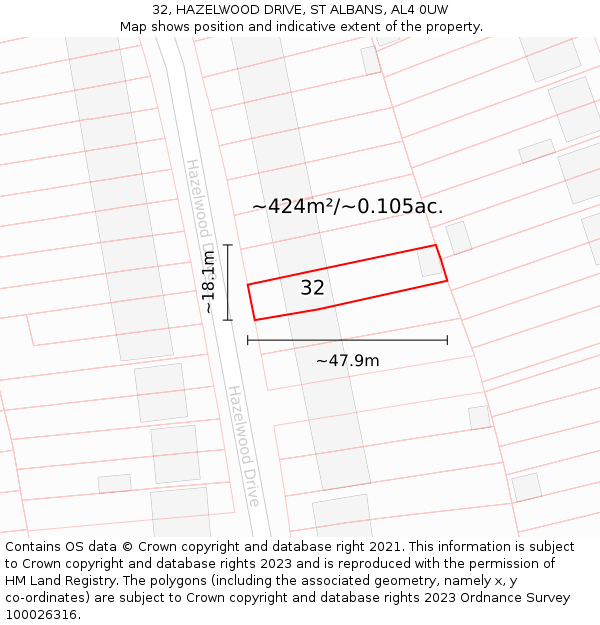 32, HAZELWOOD DRIVE, ST ALBANS, AL4 0UW: Plot and title map