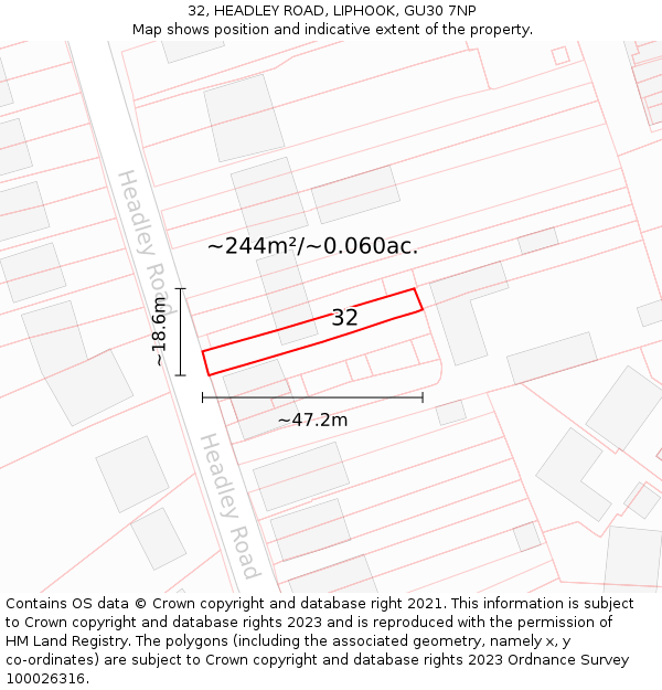 32, HEADLEY ROAD, LIPHOOK, GU30 7NP: Plot and title map