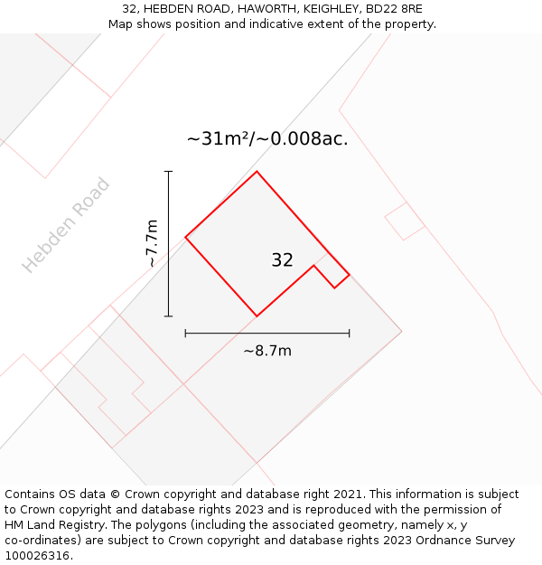 32, HEBDEN ROAD, HAWORTH, KEIGHLEY, BD22 8RE: Plot and title map