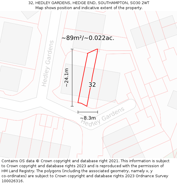 32, HEDLEY GARDENS, HEDGE END, SOUTHAMPTON, SO30 2WT: Plot and title map