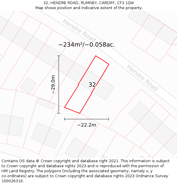 32, HENDRE ROAD, RUMNEY, CARDIFF, CF3 1QW: Plot and title map