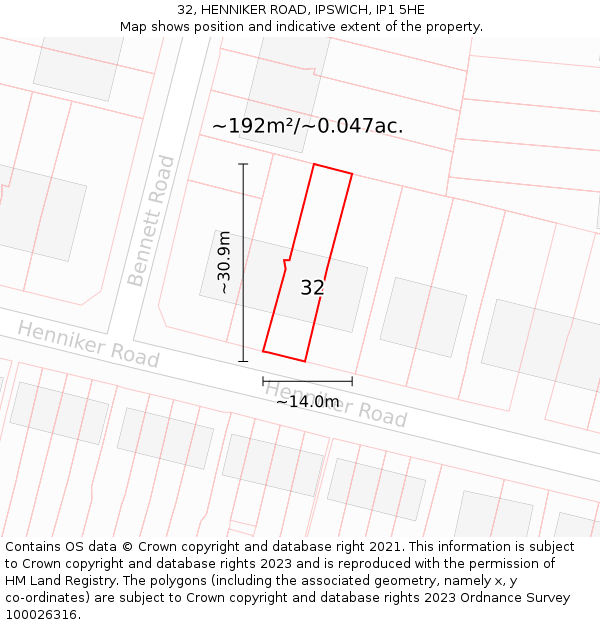 32, HENNIKER ROAD, IPSWICH, IP1 5HE: Plot and title map