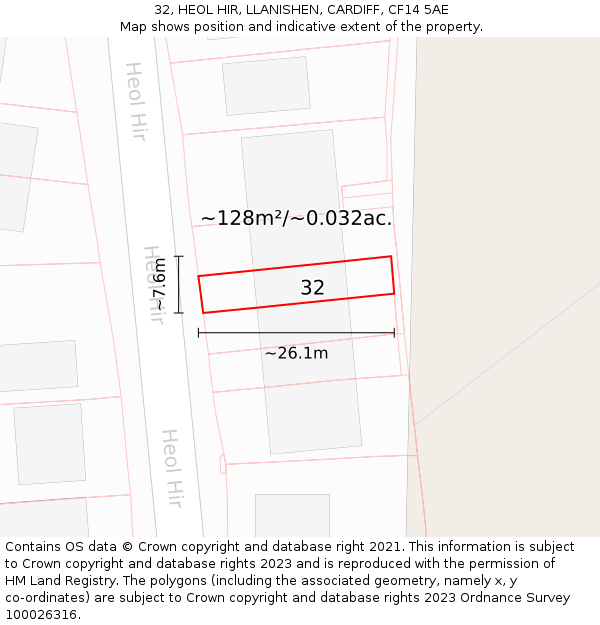 32, HEOL HIR, LLANISHEN, CARDIFF, CF14 5AE: Plot and title map