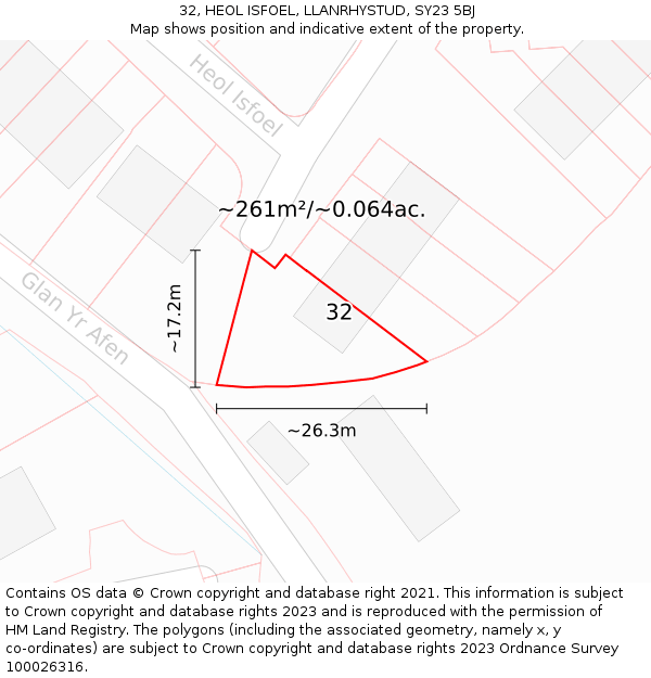 32, HEOL ISFOEL, LLANRHYSTUD, SY23 5BJ: Plot and title map