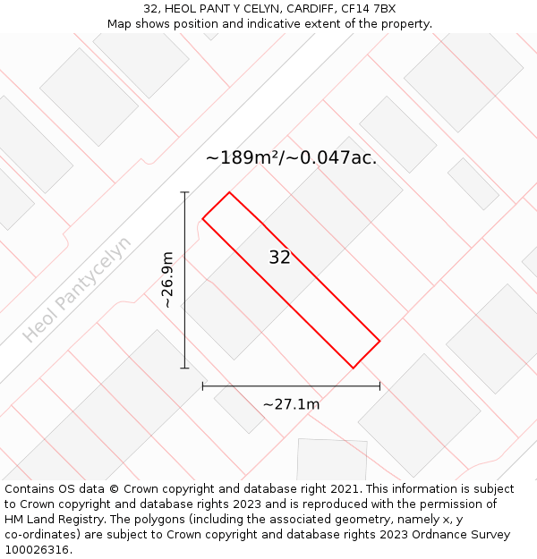32, HEOL PANT Y CELYN, CARDIFF, CF14 7BX: Plot and title map