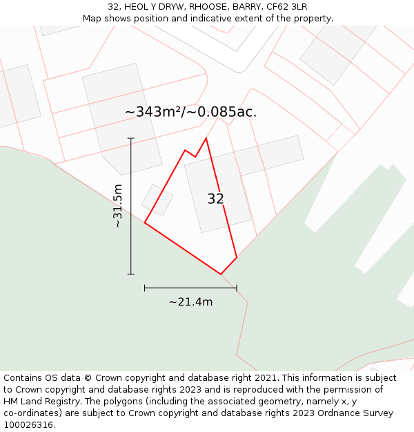 32, HEOL Y DRYW, RHOOSE, BARRY, CF62 3LR: Plot and title map