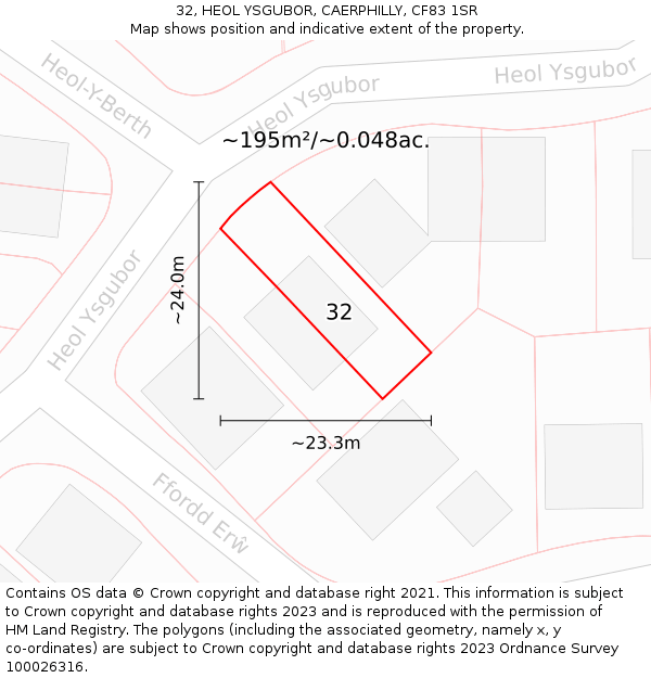 32, HEOL YSGUBOR, CAERPHILLY, CF83 1SR: Plot and title map