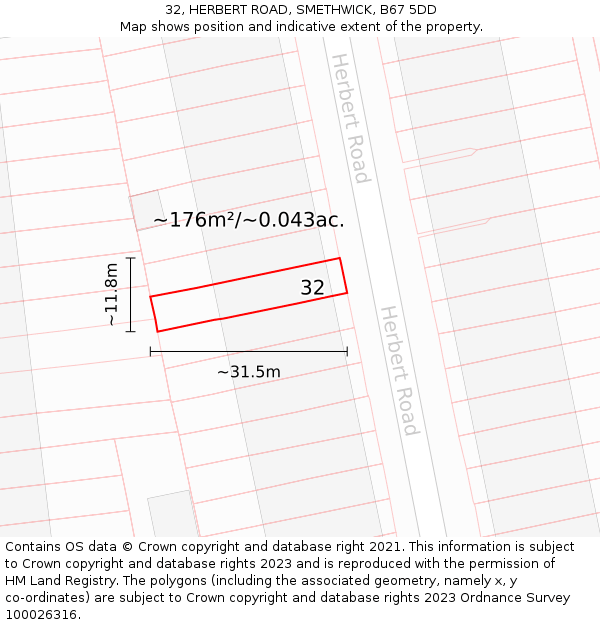32, HERBERT ROAD, SMETHWICK, B67 5DD: Plot and title map