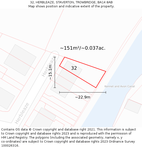 32, HERBLEAZE, STAVERTON, TROWBRIDGE, BA14 8AB: Plot and title map