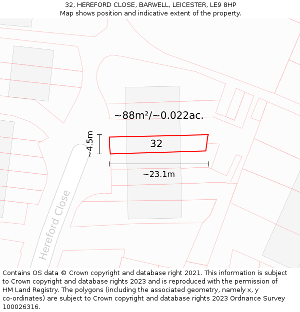 32, HEREFORD CLOSE, BARWELL, LEICESTER, LE9 8HP: Plot and title map