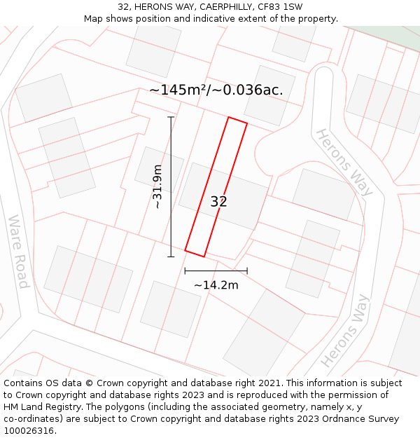 32, HERONS WAY, CAERPHILLY, CF83 1SW: Plot and title map