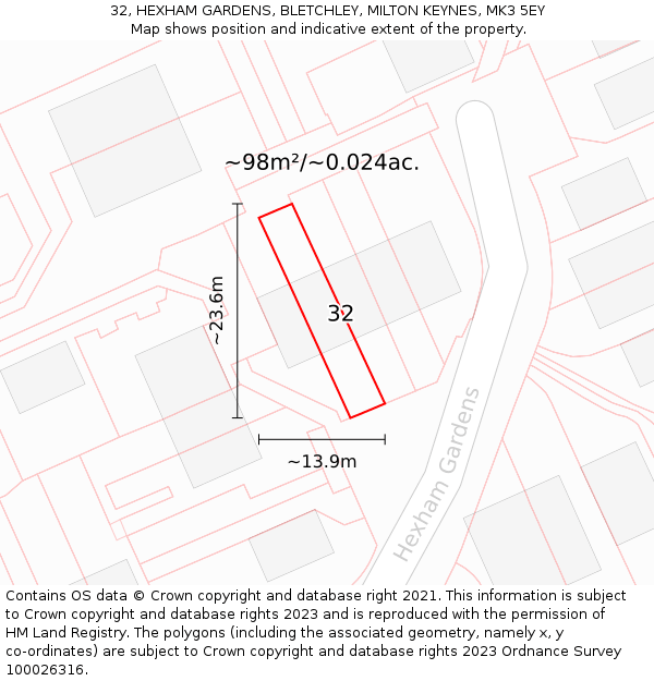 32, HEXHAM GARDENS, BLETCHLEY, MILTON KEYNES, MK3 5EY: Plot and title map