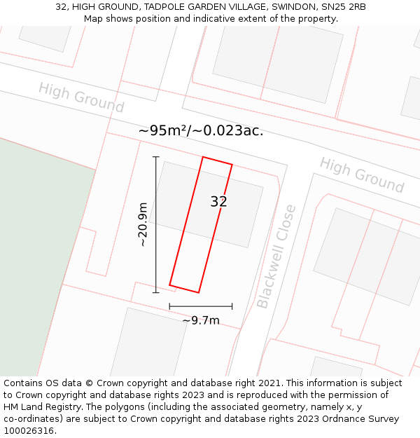 32, HIGH GROUND, TADPOLE GARDEN VILLAGE, SWINDON, SN25 2RB: Plot and title map