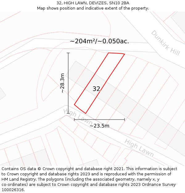 32, HIGH LAWN, DEVIZES, SN10 2BA: Plot and title map