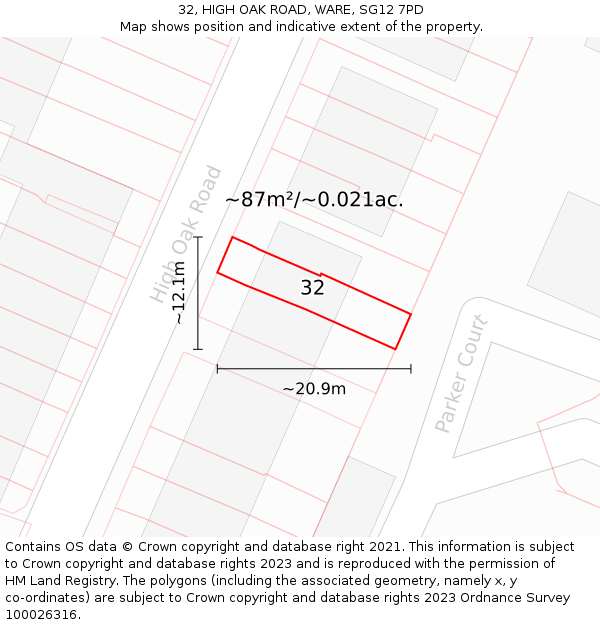 32, HIGH OAK ROAD, WARE, SG12 7PD: Plot and title map