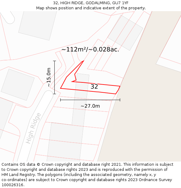 32, HIGH RIDGE, GODALMING, GU7 1YF: Plot and title map