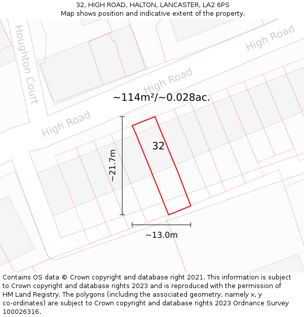 32, HIGH ROAD, HALTON, LANCASTER, LA2 6PS: Plot and title map