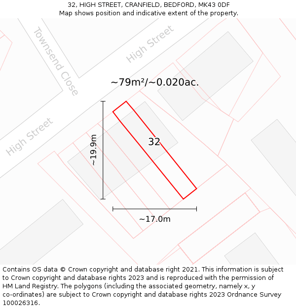 32, HIGH STREET, CRANFIELD, BEDFORD, MK43 0DF: Plot and title map