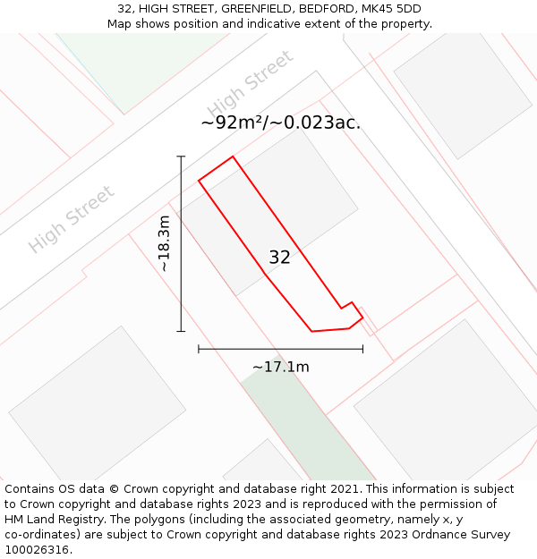 32, HIGH STREET, GREENFIELD, BEDFORD, MK45 5DD: Plot and title map